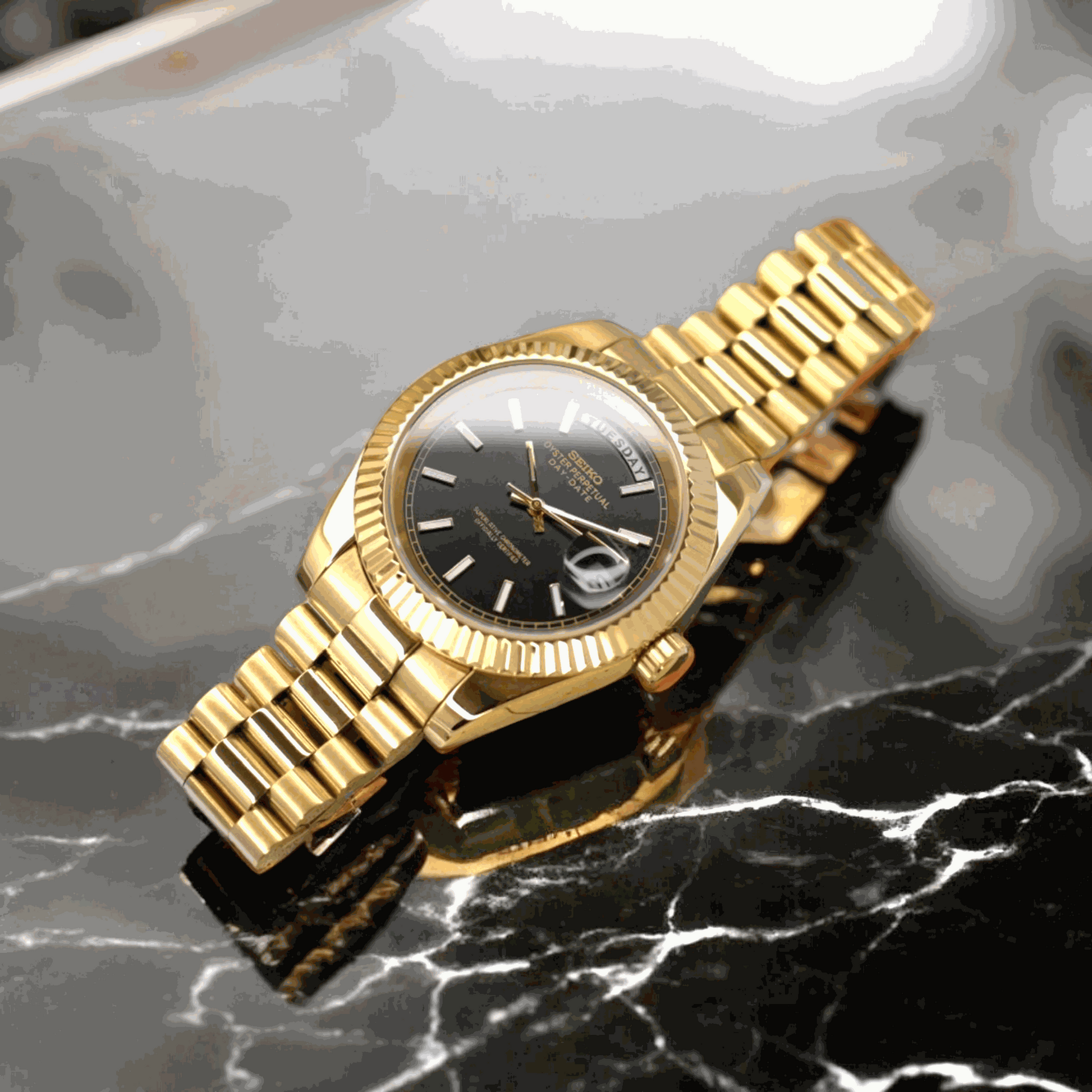 Modded Seiko Day - Date Mod Black Gold Dial Series - Modtime - MODTIME