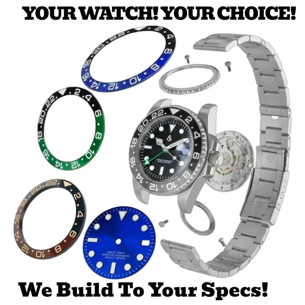 MODTIME Seiko Mod custom watch components including stainless steel case, bracelet, black dial, and various ceramic bezels.
