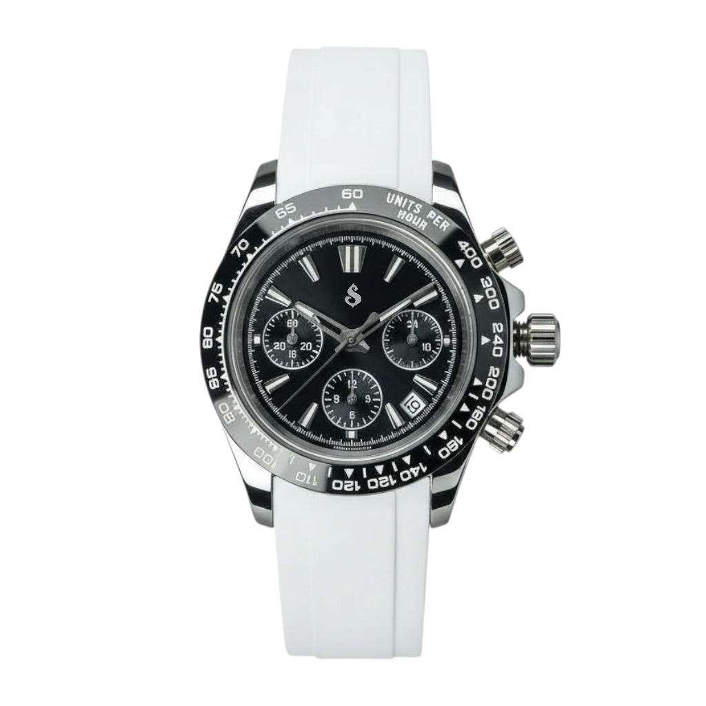 Grand Seiko Daytona Black Dial Seiko Mod chronograph watch with stainless steel bracelet