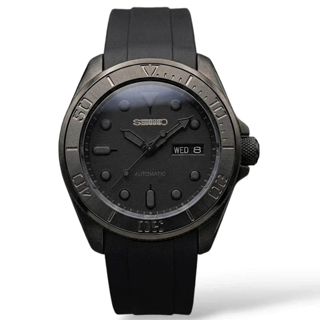 MODTIME Seiko Mod King Samurai Beast stealth diver watch with black ceramic bezel, stainless steel case, and rubber strap.