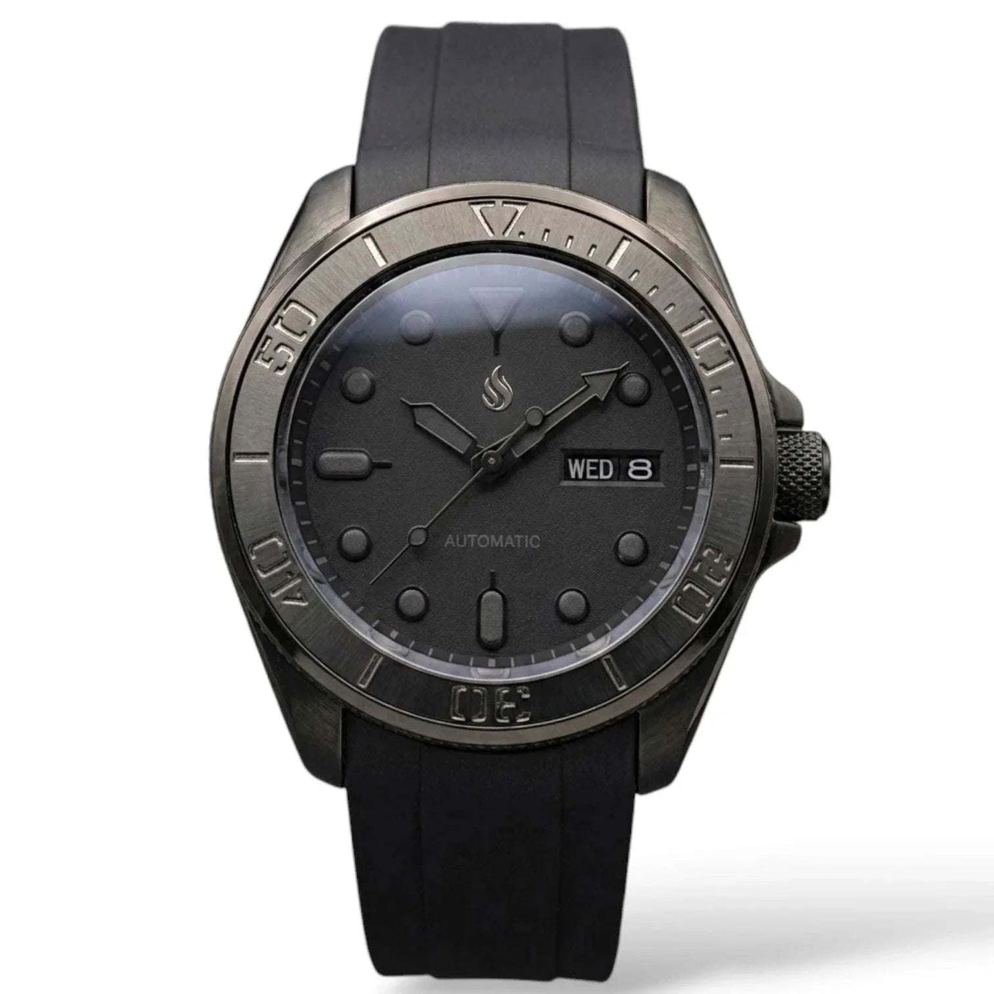 MODTIME Seiko Mod King Samurai Beast stealth diver watch with black ceramic bezel, stainless steel case, and rubber strap.