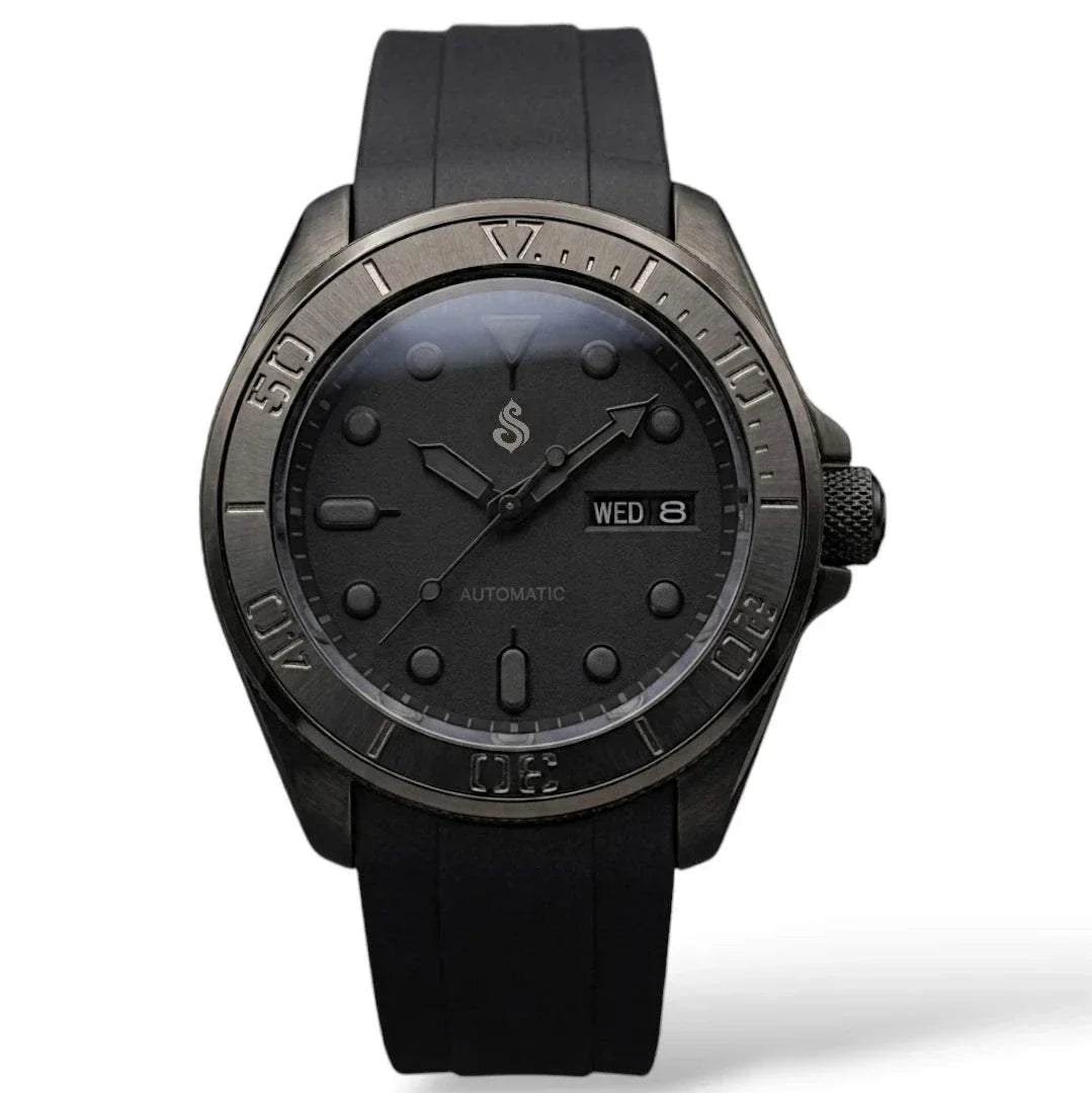 MODTIME Seiko Mod King Samurai Beast stealth diver watch with black ceramic bezel, stainless steel case, and rubber strap.