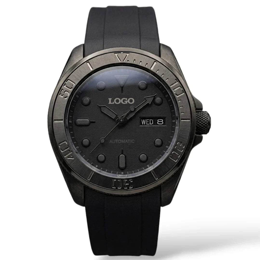 MODTIME Seiko Mod King Samurai Beast stealth diver watch with black ceramic bezel, stainless steel case, and rubber strap.
