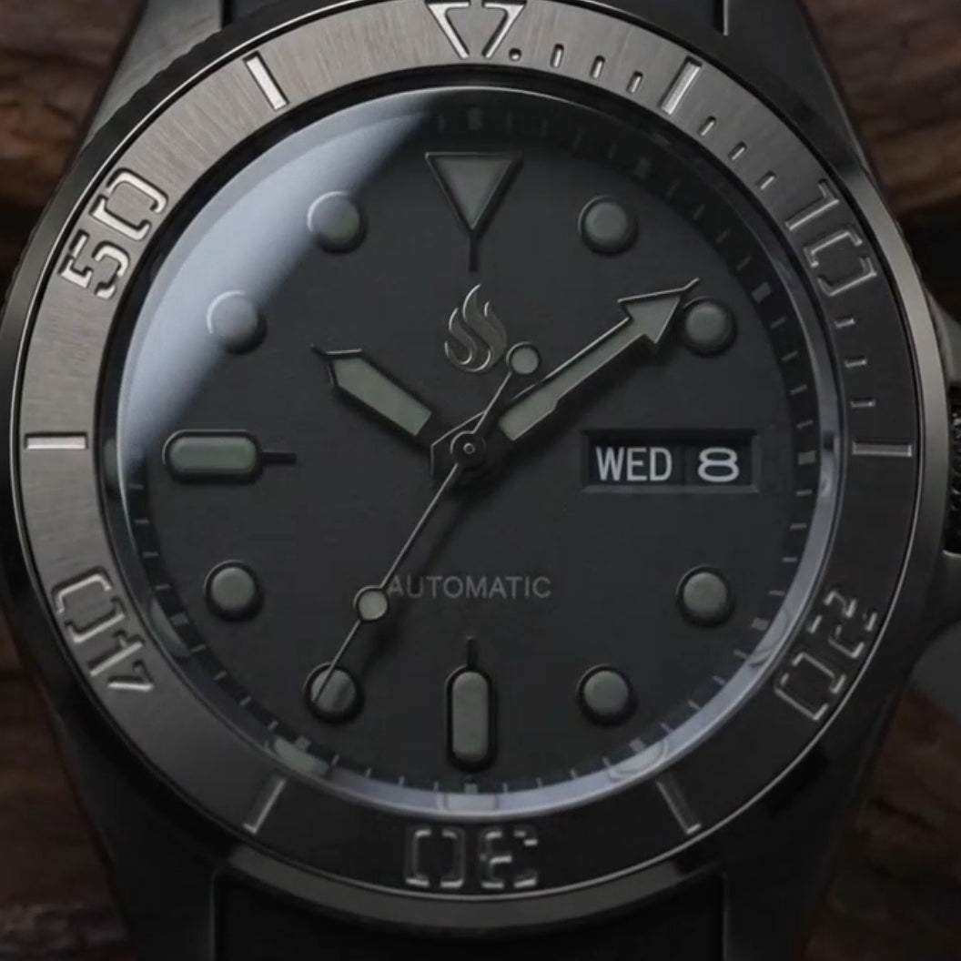 MODTIME Seiko Mod King Samurai Beast stealth diver watch with black ceramic bezel, stainless steel case, and rubber strap.