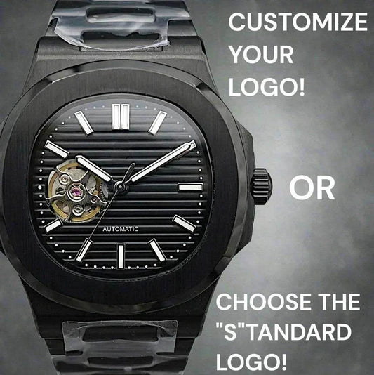 Seiko mod nautilus watch Open-Heart luxury watch with black dial and stainless steel case by Modtime Creations