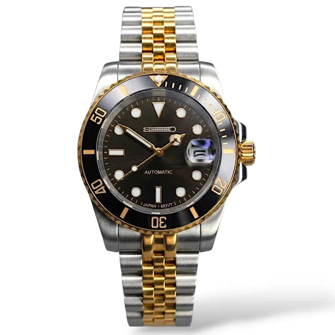 MODTIME Seiko Mod SubMariner two-tone black and gold diver watch with stainless steel jubilee bracelet and ceramic bezel.