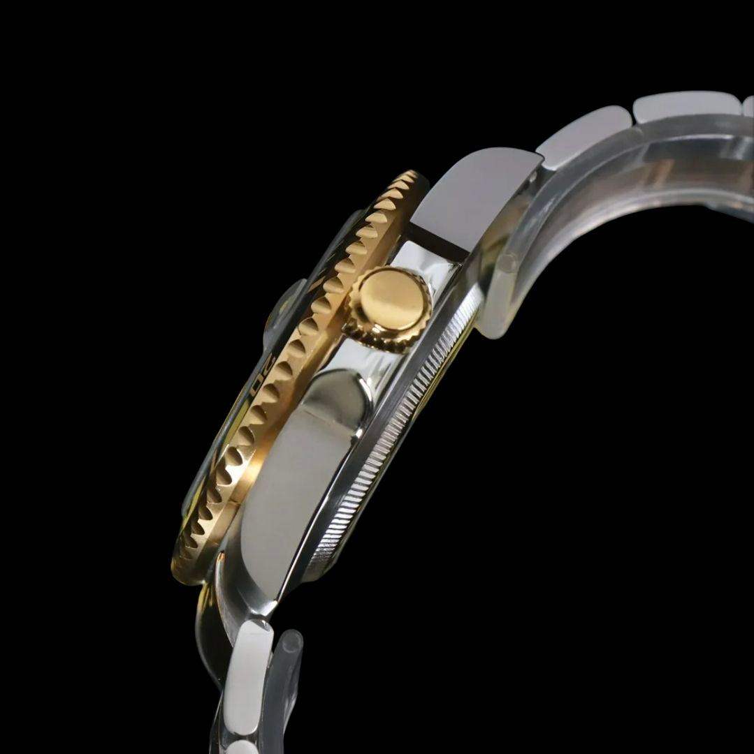 Side profile of a MODTIME SeikMariner two-tone black and gold diver watch with a stainless steel bracelet.