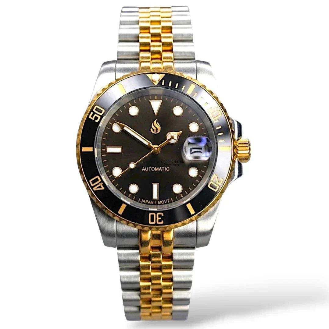 MODTIME Seiko Mod SubMariner two-tone black and gold diver watch with stainless steel jubilee bracelet and ceramic bezel.