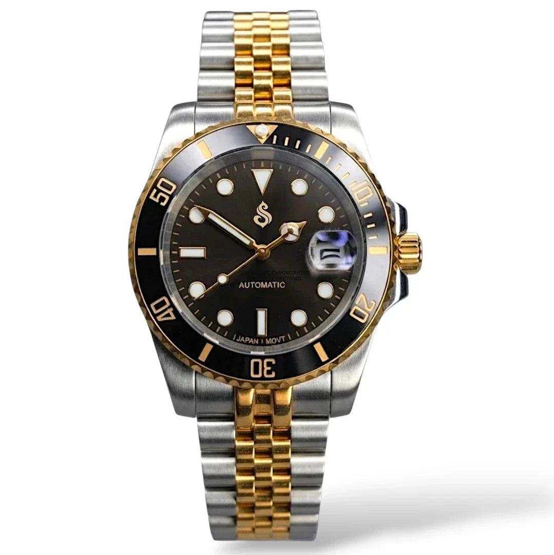MODTIME Seiko Mod SubMariner two-tone black and gold diver watch with stainless steel jubilee bracelet and ceramic bezel.