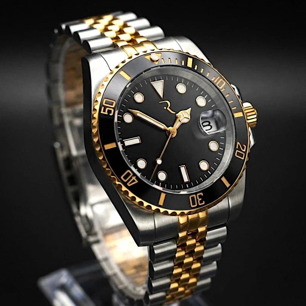 MODTIME Seiko Mod SubMariner two-tone black and gold diver watch with stainless steel jubilee bracelet and ceramic bezel.