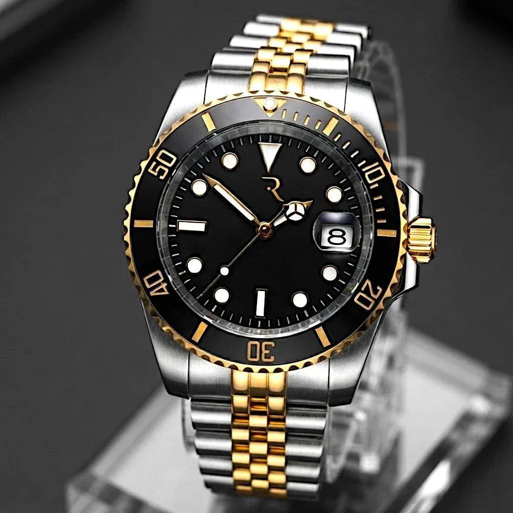 MODTIME Seiko Mod SubMariner two-tone black and gold diver watch with stainless steel jubilee bracelet and ceramic bezel.