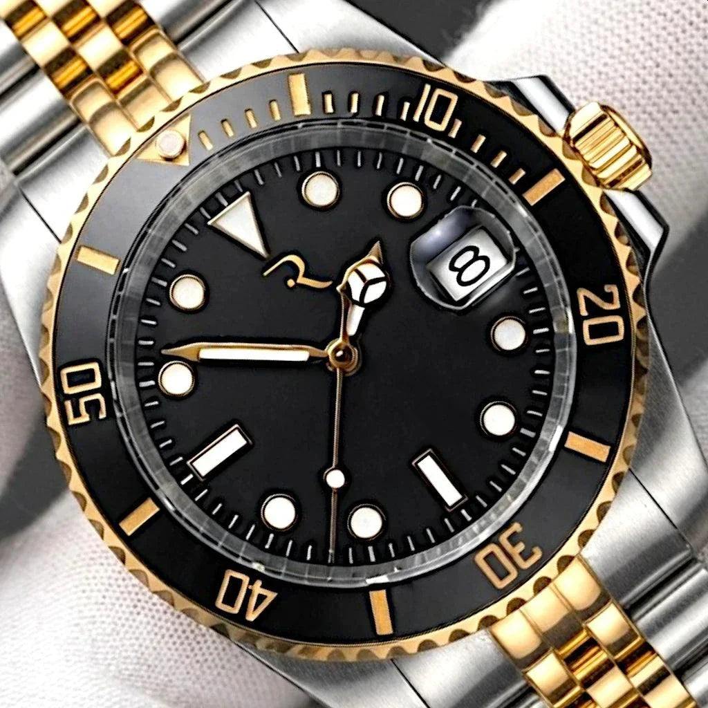 MODTIME Seiko Mod SubMariner two-tone black and gold diver watch with stainless steel jubilee bracelet and ceramic bezel.