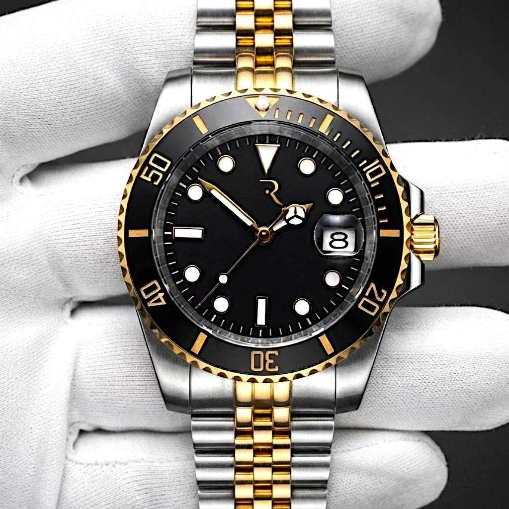 MODTIME Seiko Mod SubMariner two-tone black and gold diver watch with stainless steel jubilee bracelet and ceramic bezel.