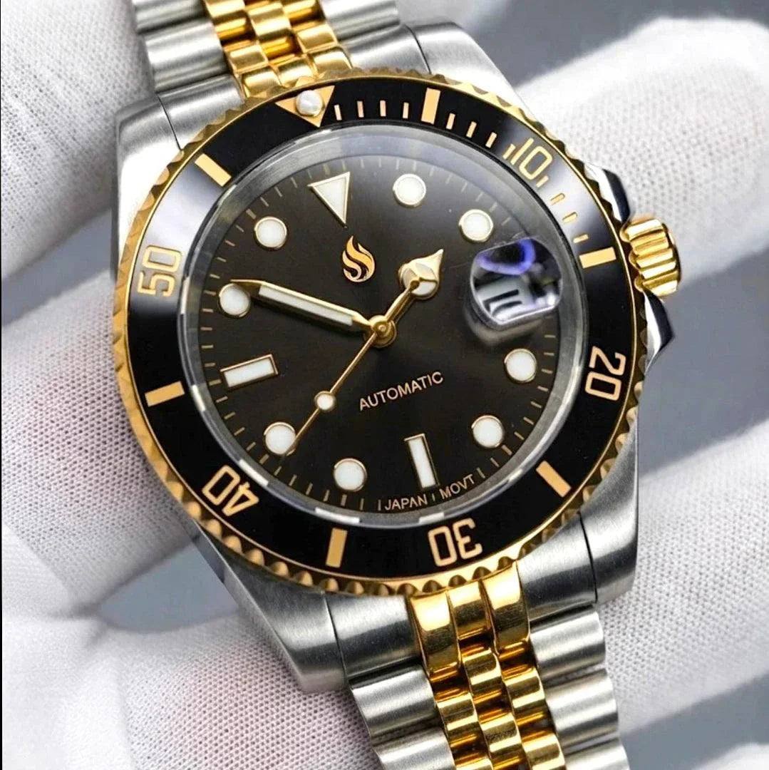 MODTIME SeikMariner black and gold two-tone automatic diver watch with a stainless steel jubilee bracelet
