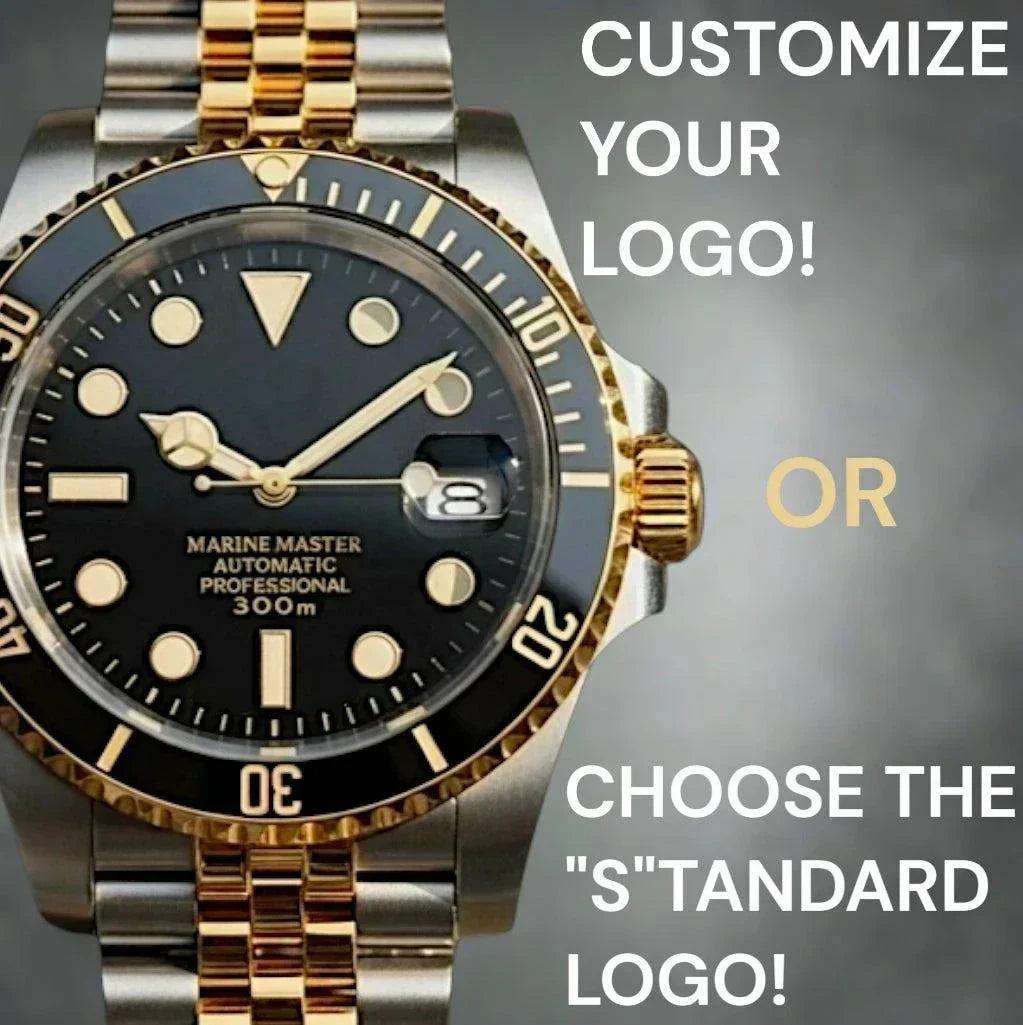 MODTIME Seiko Mod SubMariner two-tone black and gold diver watch with stainless steel jubilee bracelet and ceramic bezel.