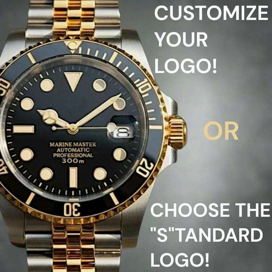 MODTIME Seiko Mod SubMariner two-tone black and gold diver watch with stainless steel jubilee bracelet and ceramic bezel.