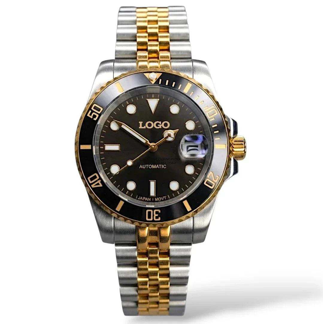 MODTIME Seiko Mod SubMariner two-tone black and gold diver watch with stainless steel jubilee bracelet and ceramic bezel.