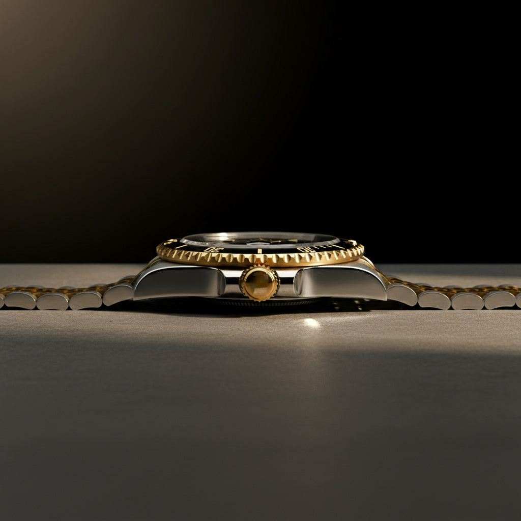 MODTIME SeikMariner black and gold two-tone diver watch, side profile showing stainless steel case and ceramic bezel.