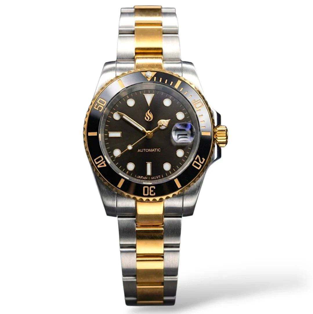 MODTIME Seiko Mod SubMariner two-tone black and gold diver watch with stainless steel jubilee bracelet and ceramic bezel.