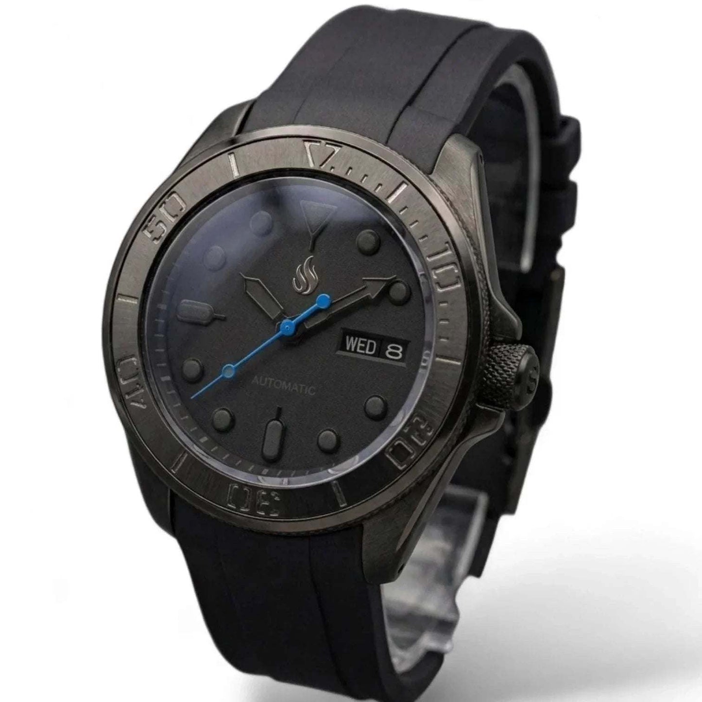 MODTIME Seiko Mod King Samurai Beast stealth diver watch with black ceramic bezel, stainless steel case, and rubber strap.