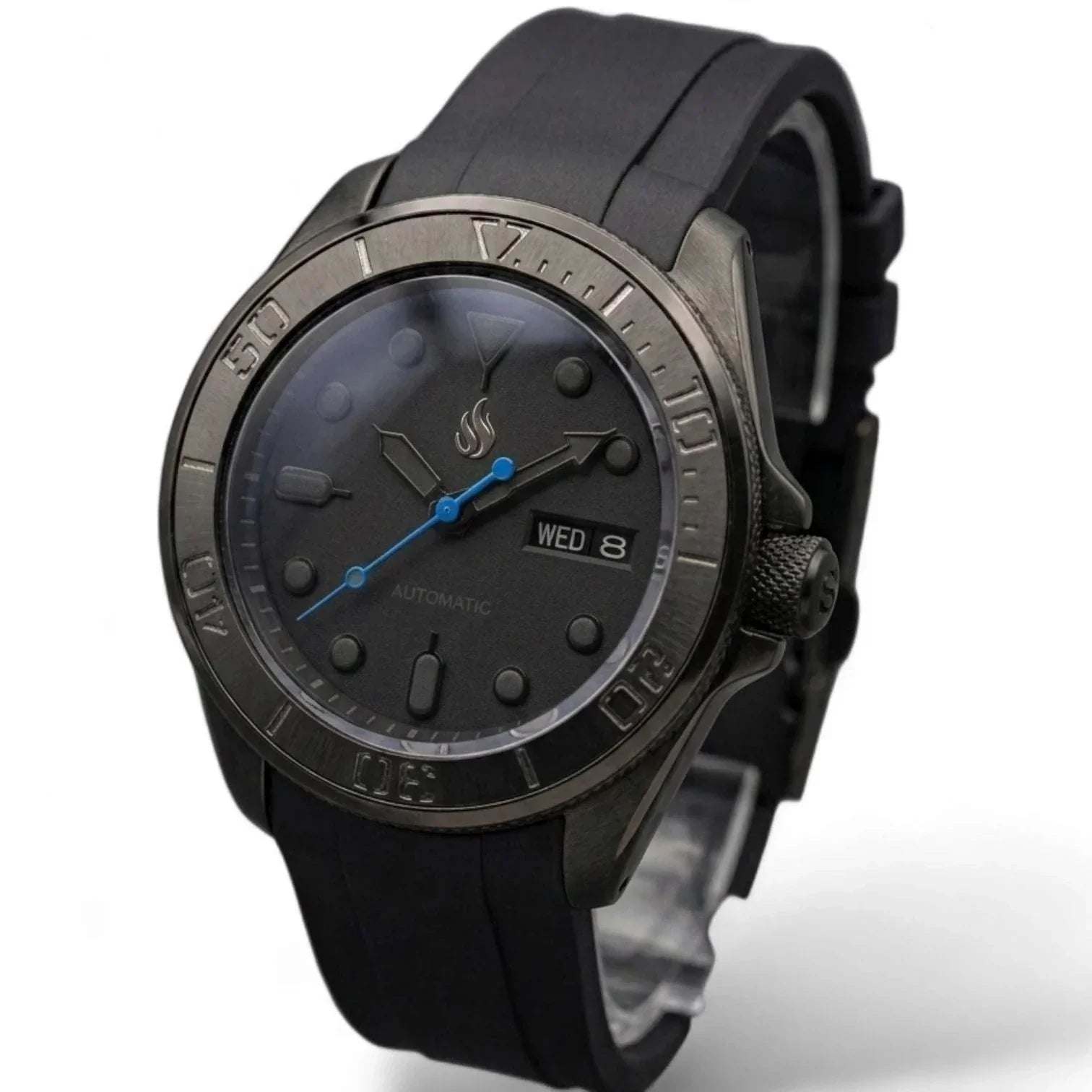 MODTIME Seiko Mod King Samurai Beast stealth diver watch with black ceramic bezel, stainless steel case, and rubber strap.