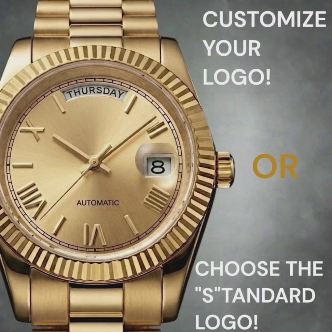Seiko  Mod Daydate Homage watch with gold Roman numerals, day and date display, and sapphire crystal dial by Modtime Creations 