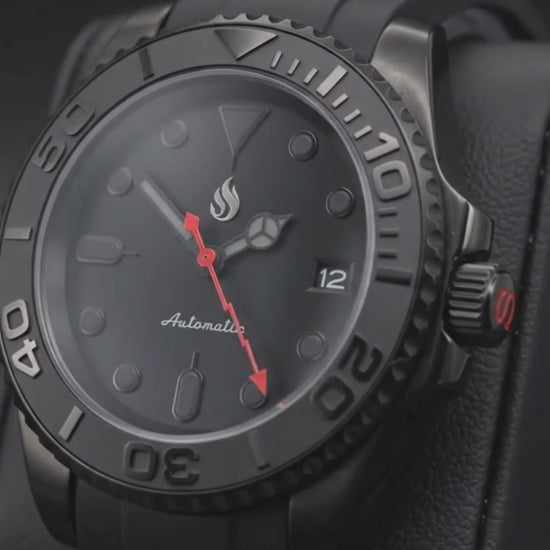 Yachtmaster Black Stealth Diver Seiko Mod watch with 42mm or 40mm case, Japanese NH36 automatic movement, sapphire crystal, and stainless steel bracelet by Modtime Creations