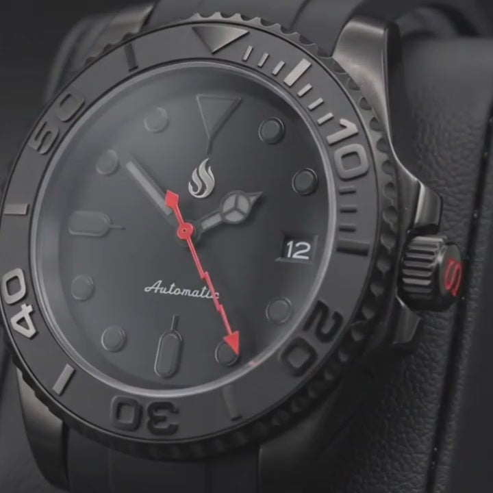 Yachtmaster Black Stealth Diver Seiko Mod watch with 42mm or 40mm case, Japanese NH36 automatic movement, sapphire crystal, and stainless steel bracelet by Modtime Creations