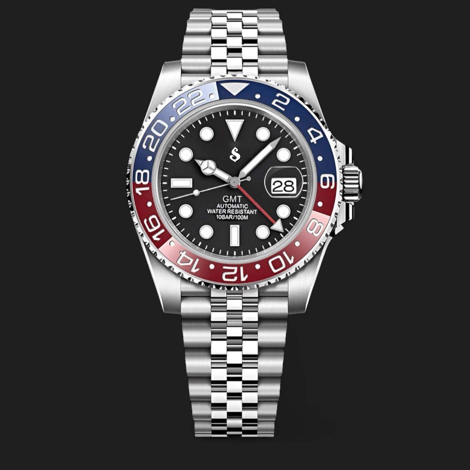 A Close up Viseo of a Blue Red Pepsi bezel GMT Seiko Mod 