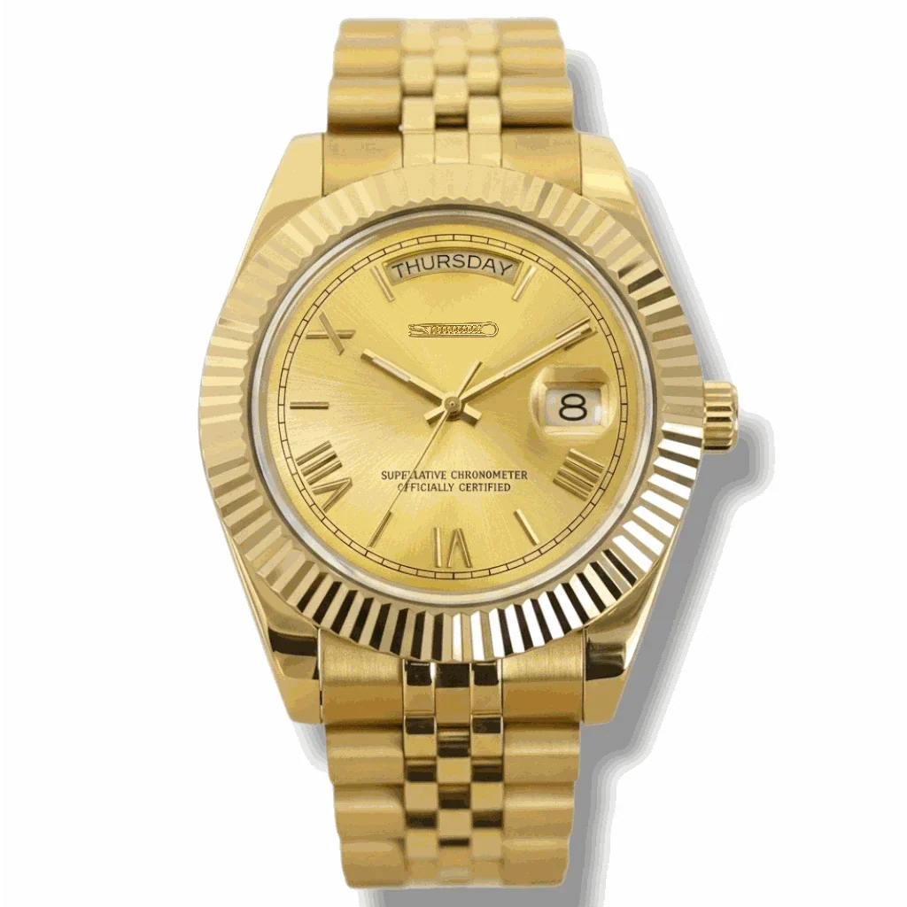 Modded Seiko watch with gold Roman numerals day and date dial by Modtime Creations