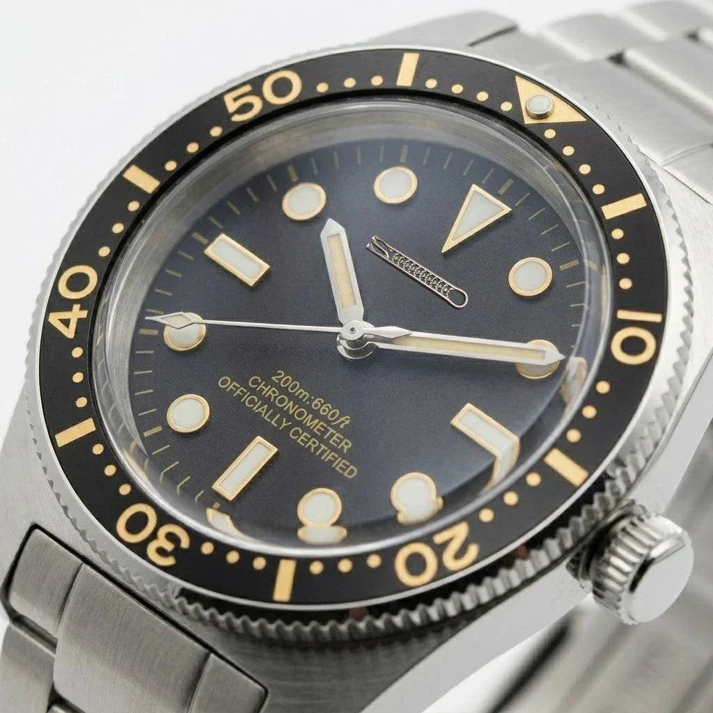 Seiko Mod Submariner Vintage 40 mm Sub Diver watch with black dial and gold accents by Modtime Creations