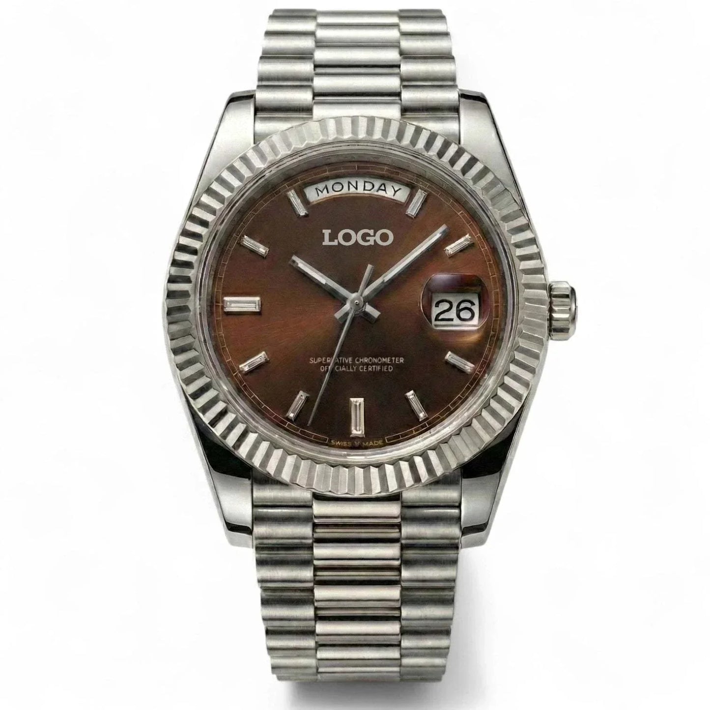 Modded Seiko watch with chocolate dial and silver case from Modtime Creations