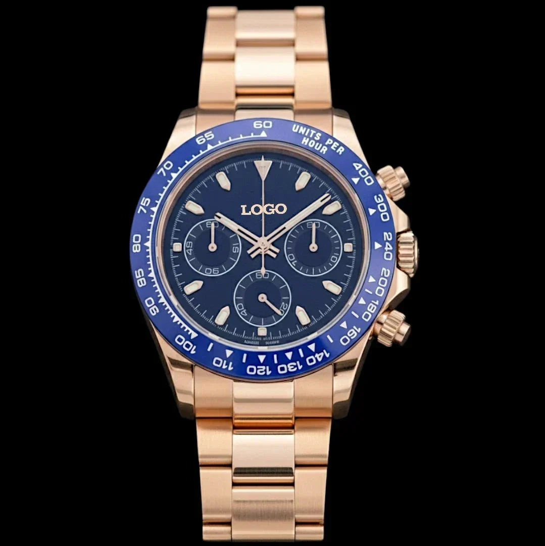 Seiko Mod Seitona rose gold watch with dark blue dial and ceramic bezel luxury chronograph