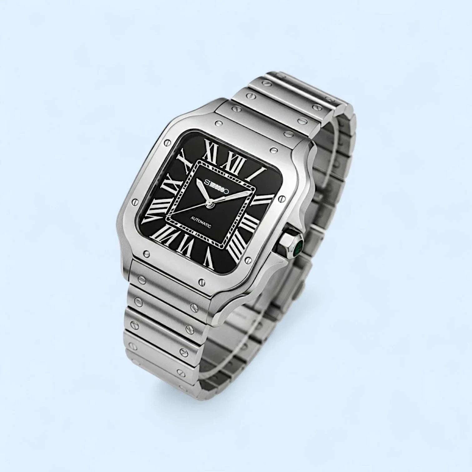 Santeiko silver case watch with black dial Seiko Mod by Modtime Creations