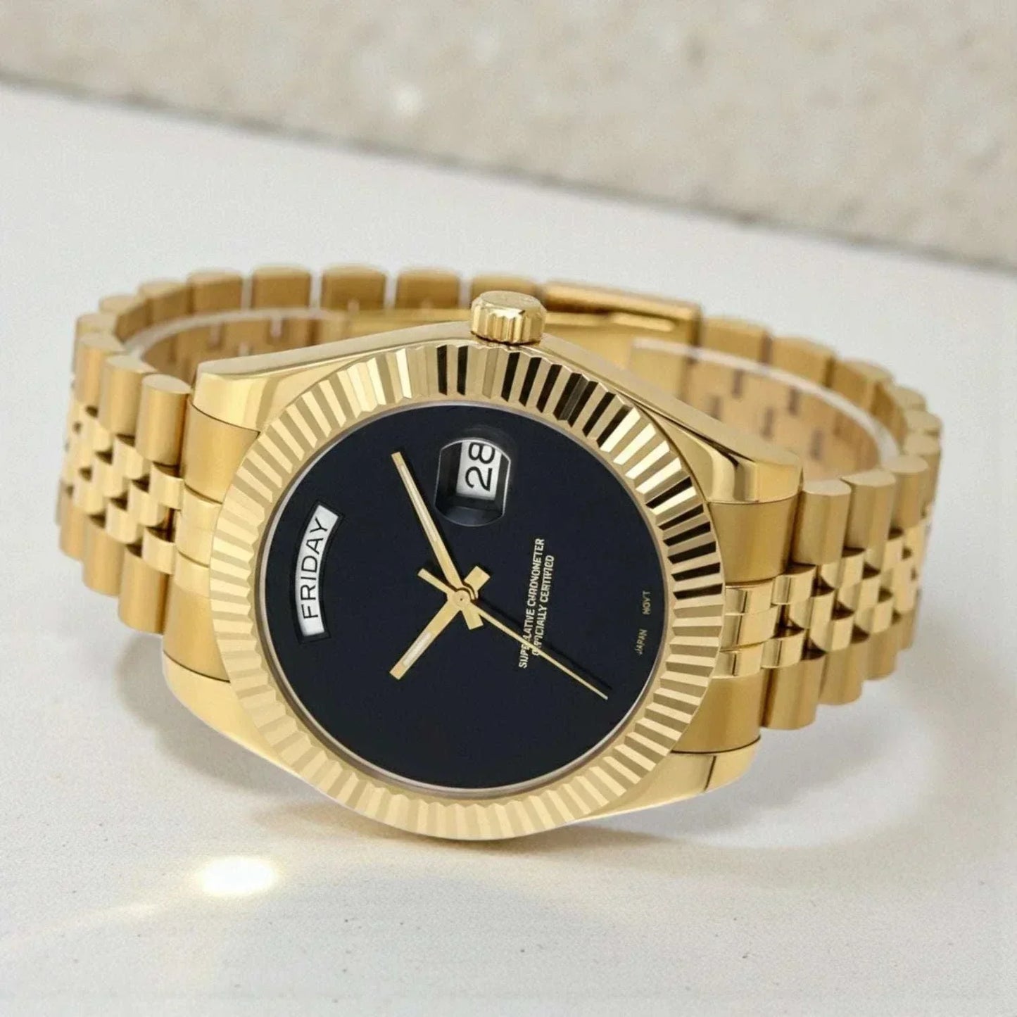 Seiko Mod Day & Date watch with black and gold design from Modtime Creations