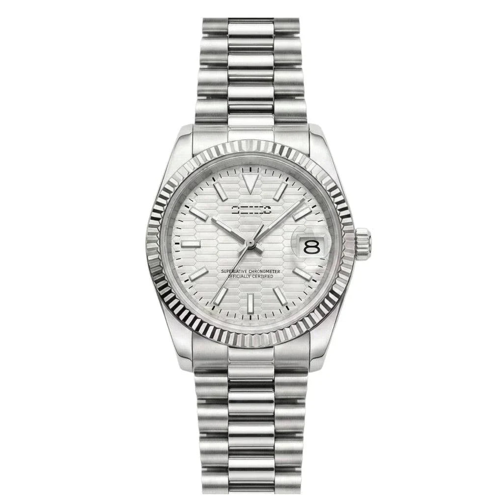 SeikJust white honeycomb dial watch with date window, Seiko mod by Modtime Creations