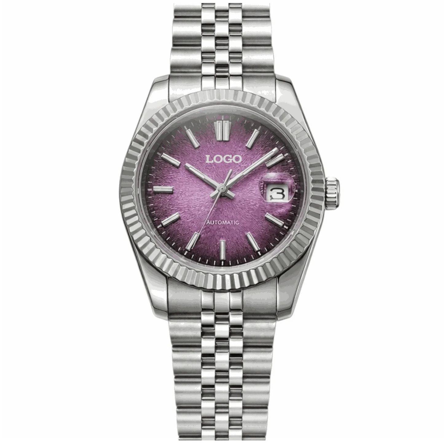 Seiko MOD luxury watch with textured grand purple dial and date window by Modtime Creations