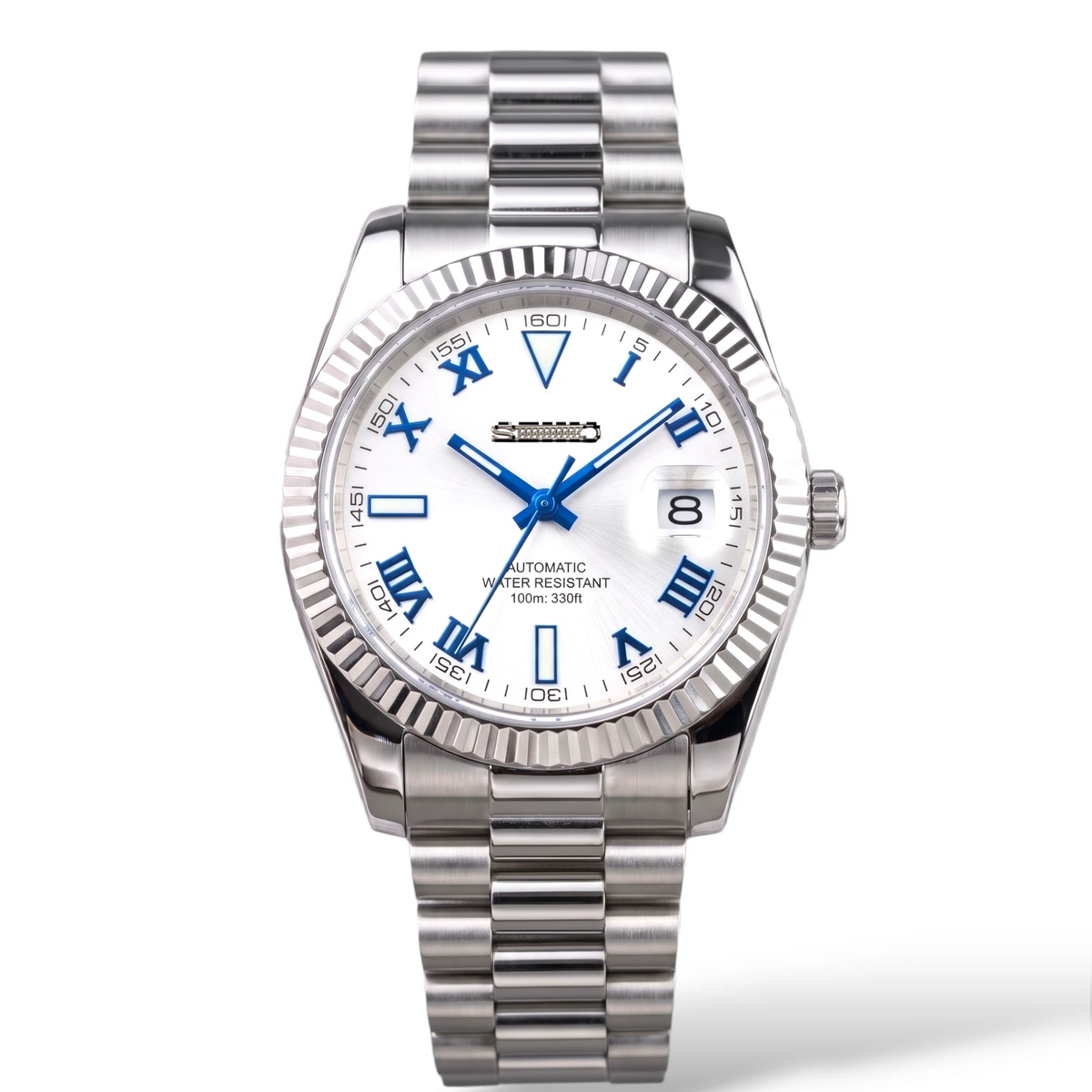 SeikJust Date Window White Blue Roman Numeral Dial Mod Watch - Modtime Creations