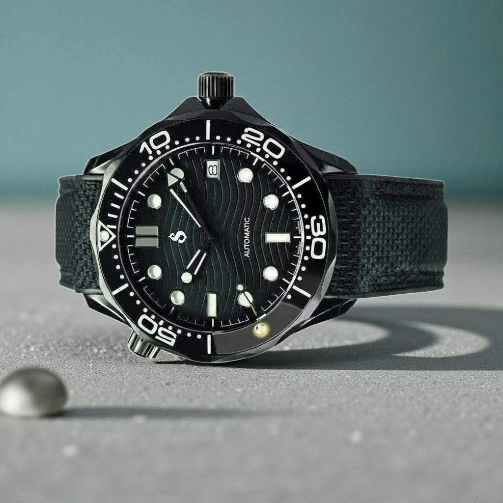 Seiko mod luxury watch with stealth black dial and black rubber strap