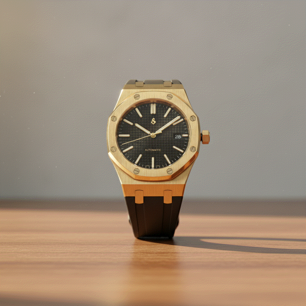 Seiko Mod Heritage Oak gold watch with black dial and stainless steel bracelet