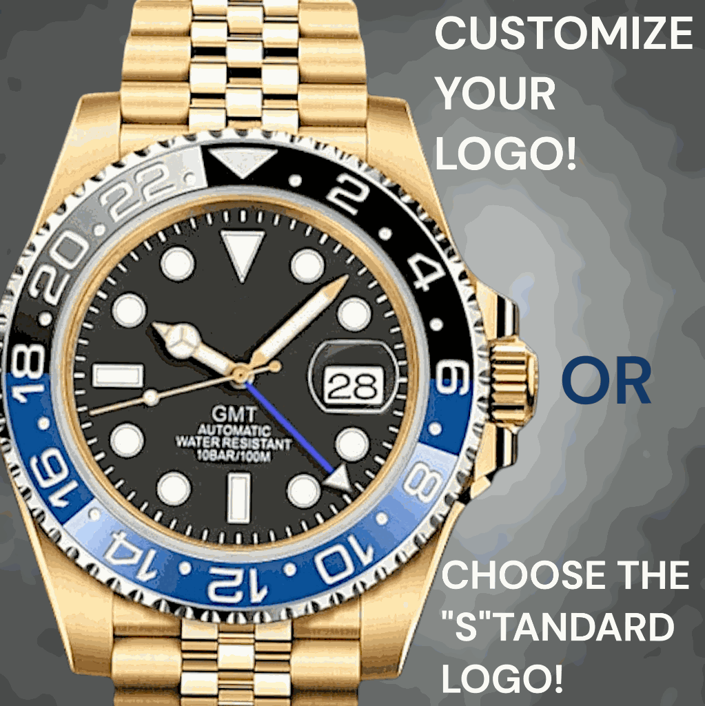 SeikMariner GMT Batman Gold Mod Luxury Modded Seiko watch with black dial and stainless steel bracelet