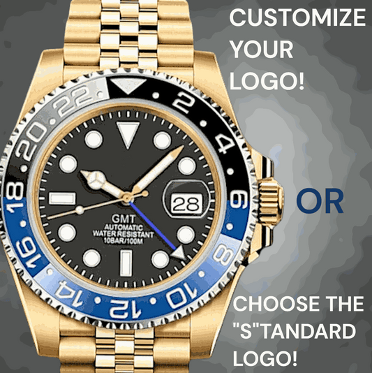 SeikMariner GMT Batman Gold Mod Luxury Modded Seiko watch with black dial and stainless steel bracelet