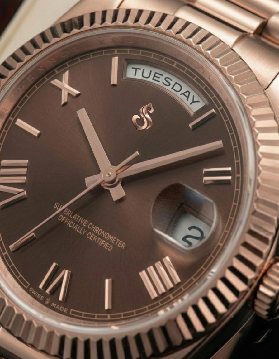 Modtime Luxury Mod Day & Date watch with chocolate Roman numeral dial and Miyota 8285 movement