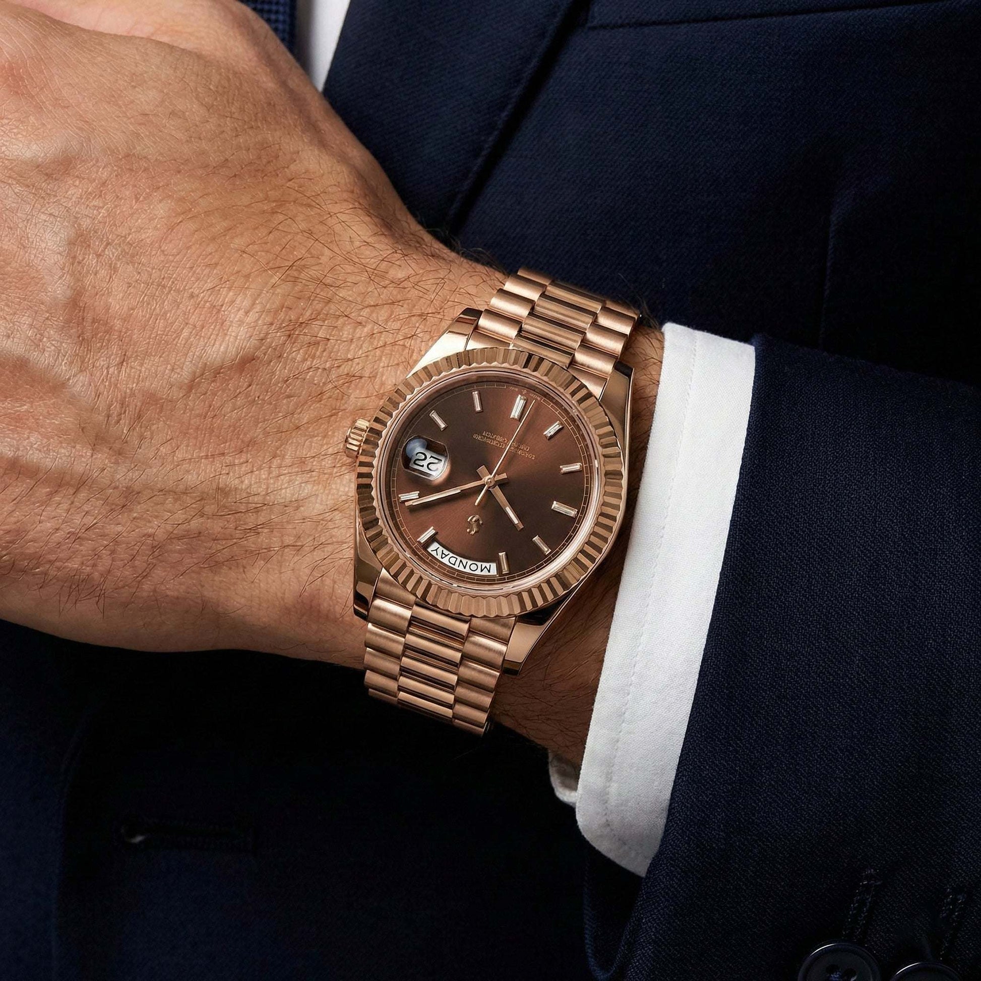 Modtime luxury modded Seiko watch with rose gold case and chocolate dial showing day and date