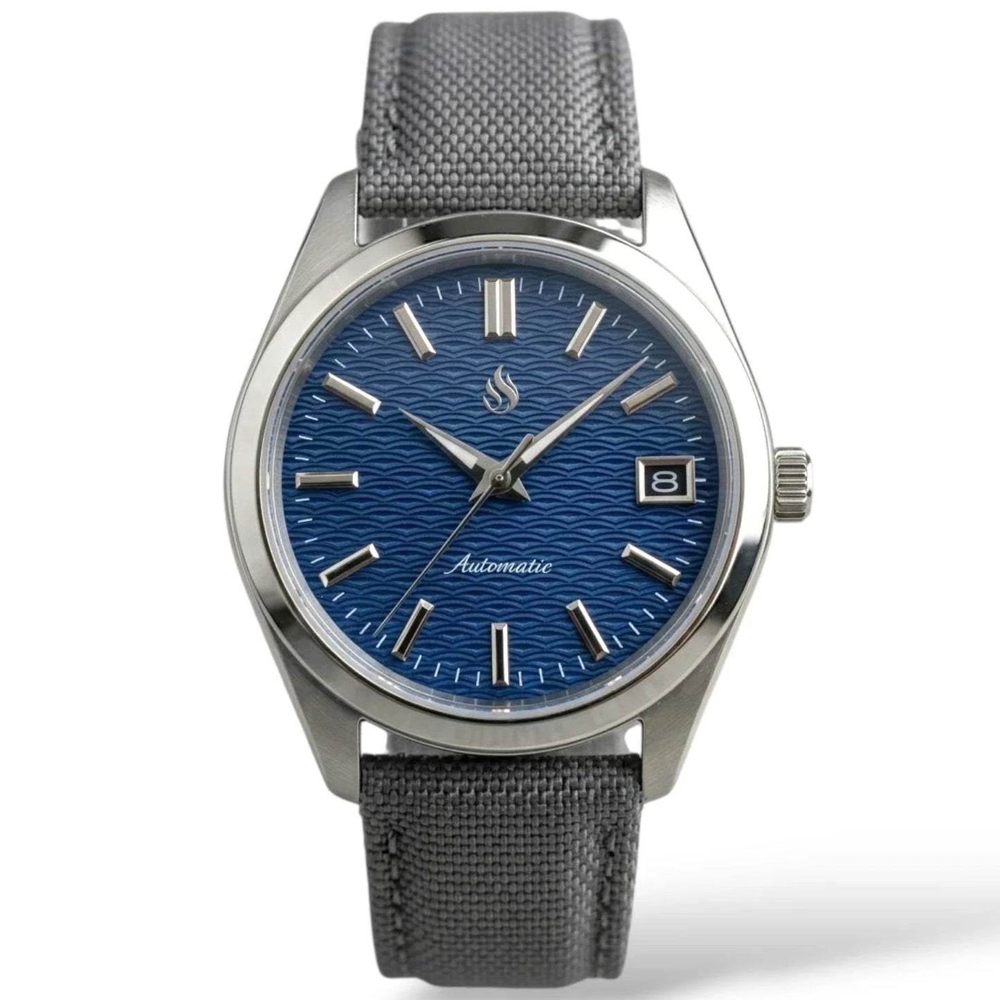 Date Window Silver Dark Blue Wave Dial Mod Watch - Modtime Creations