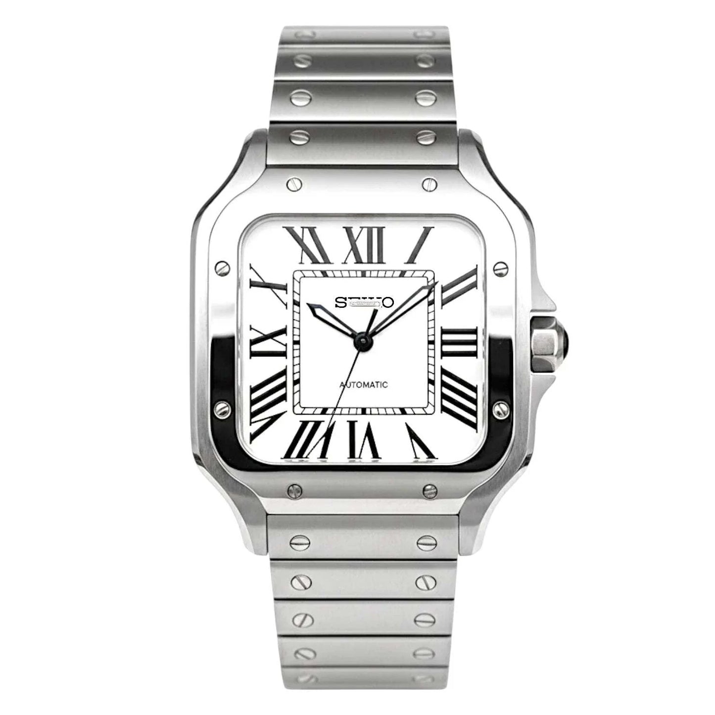 Santeiko Silver Case White Dial Seiko Mod watch with sapphire crystal and stainless steel bracelet by Modtime Creations