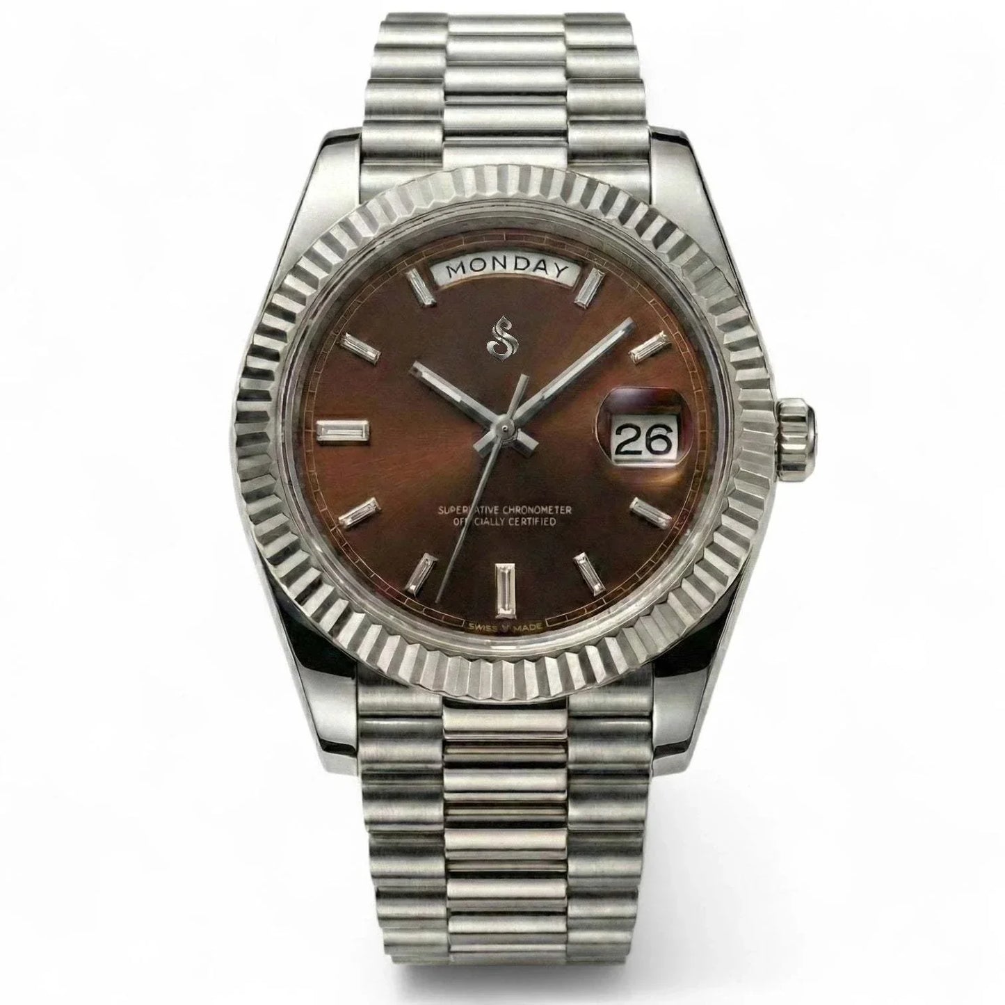 Modtime Day & Date Chocolate Dial Silver Modded Seiko watch with Miyota 8285 movement and sapphire crystal