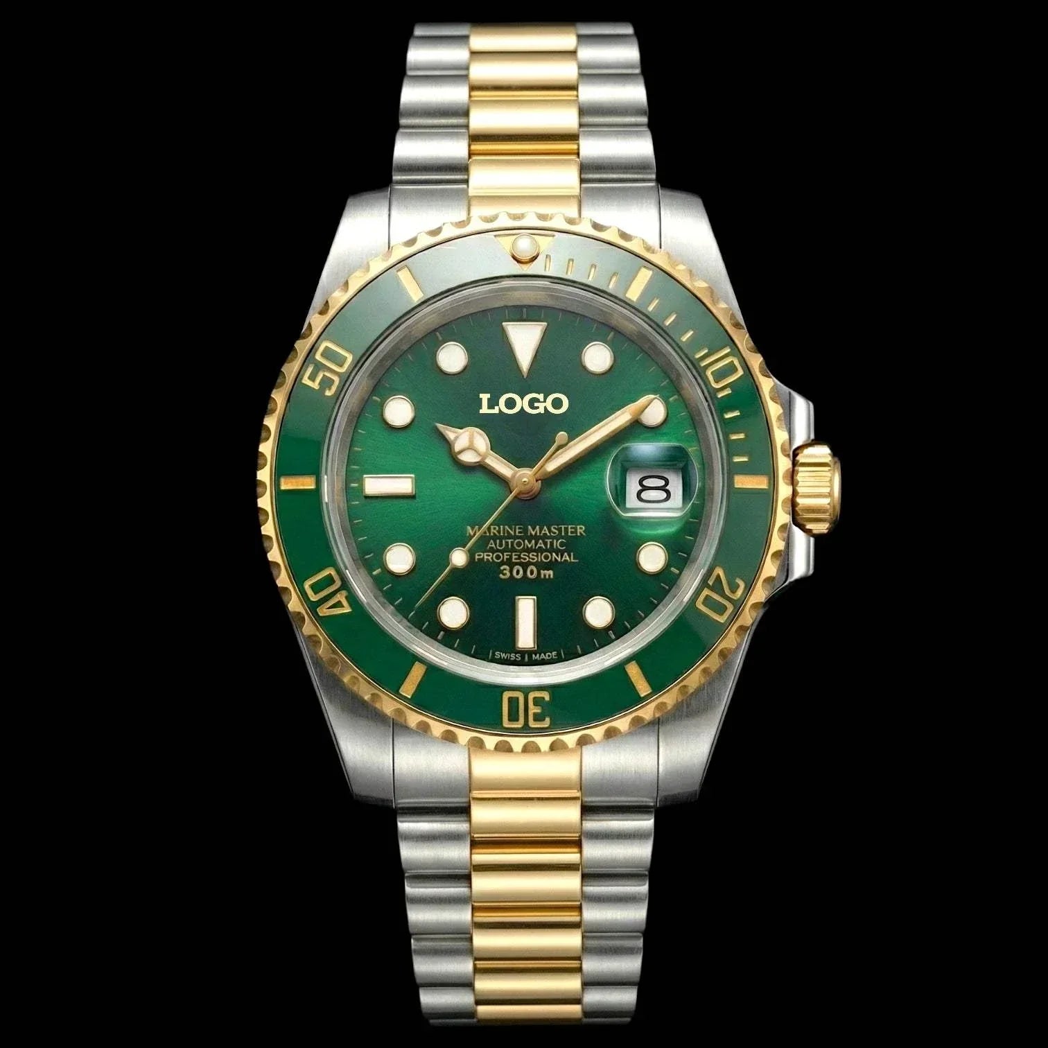 SeikMariner two-tone green gold Seiko Mod luxury diver watch with NH35 automatic movement and sapphire crystal by Modtime Creations