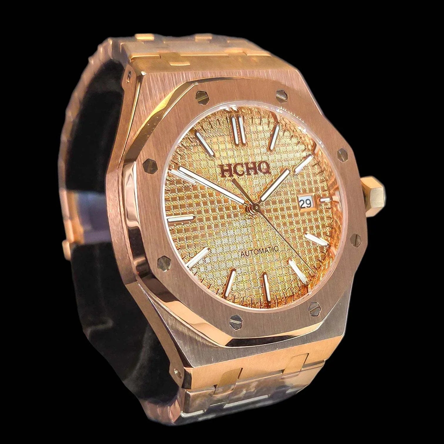 Seiko Mod Royal Oak Rose Gold custom watch with black dial and sapphire crystal