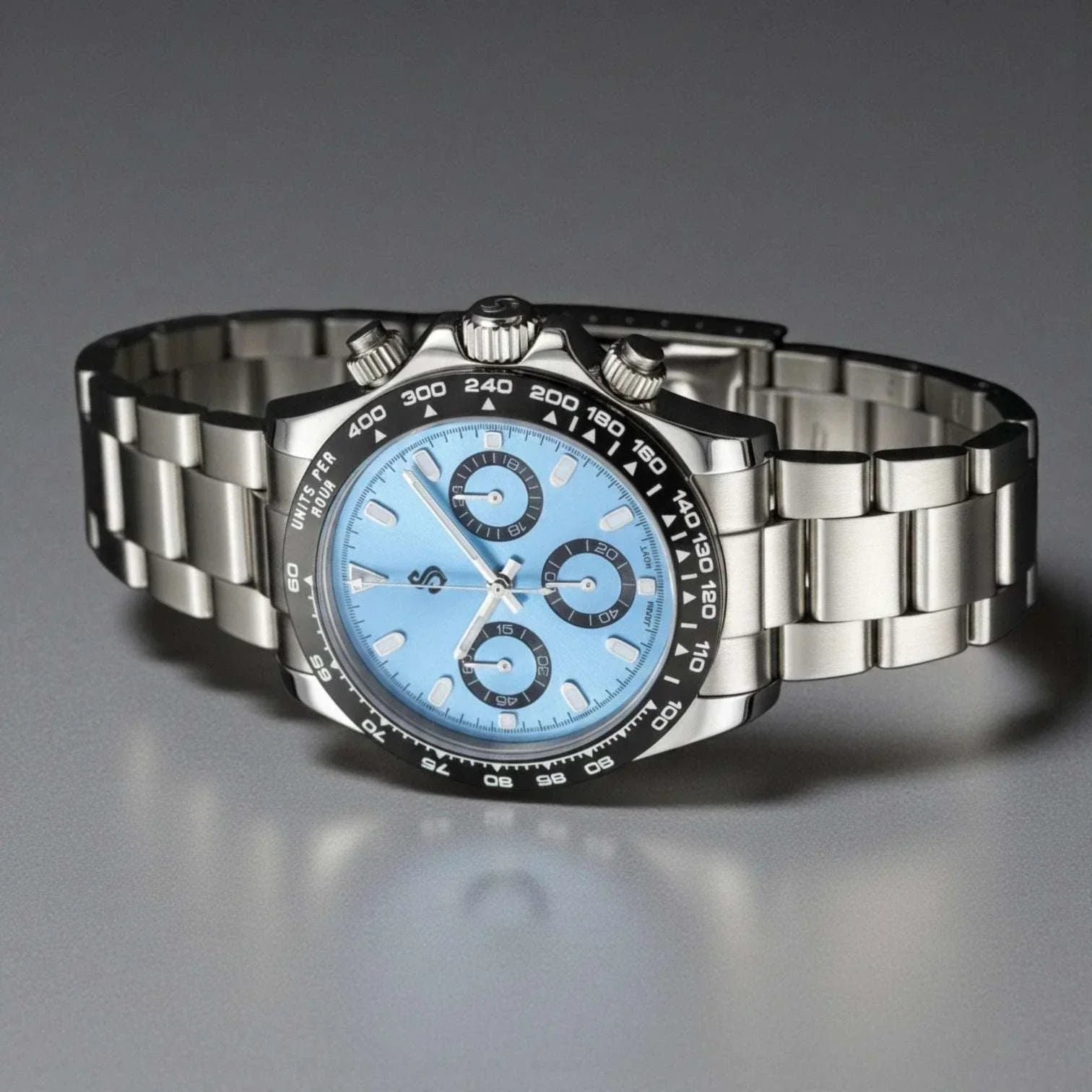 Seitona Light Blue Platinum Seiko Modtime luxury chronograph watch with VK63 hybrid movement